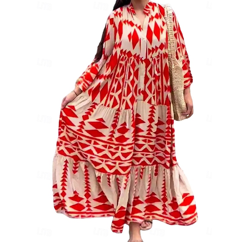 Women's Maxi Dress Casual Dress Boho Chic Dresses Bohemia Cute Stylish Vacation Daily Beach Loose Fit Graphic Short Sleeve V Neck Black Red Blue Summer Spring Fall2