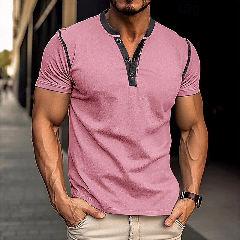 Men's T Shirt Henley Shirt Tee Short Sleeve Shirt Short Sleeve Henley Spring & Summer Color Block Fashion Designer Basic Patchwork Vacation Street Going out Wine Black White Top Tee for Men