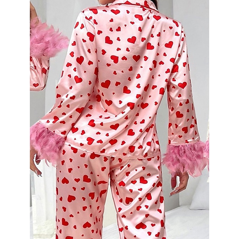 Women's Pajama Set Casual Comfort Heart Elastic Waist Shirt Pant Home Valentine's Day Daily Long Sleeve Shirt Collar Pink Summer Spring Fall Loose Fit2