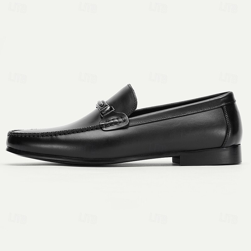 Men's Black Premium Cowhide Leather Loafers with Metal Buckle, Comfortable Slip-On Shoes for Formal and Casual Occasions4