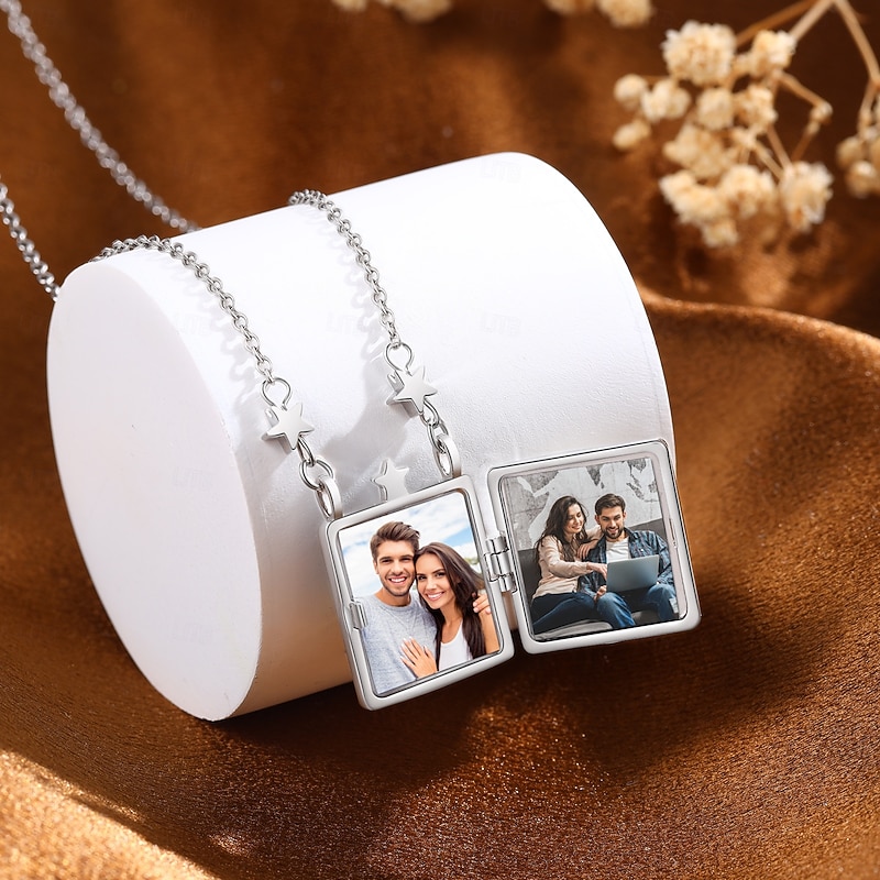 Personalized Custom Wedding Gift for Couple Photo Square Box Necklace – Durable Copper Pendant, Customizable with Two Photos, Perfect for Wedding Gifts4
