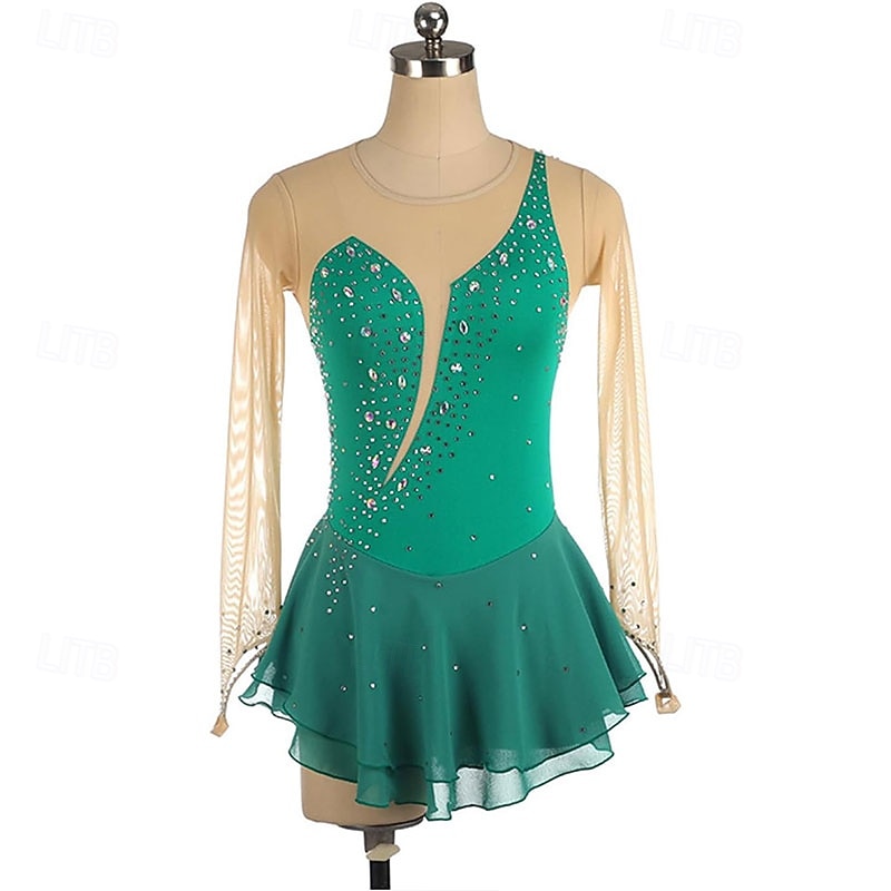 Figure Skating Dress Women's Girls' Ice Skating Dress Green High Elasticity Training Competition Skating Wear Classic Crystal / Rhinestone Long Sleeve Ice Skating Figure Skating2