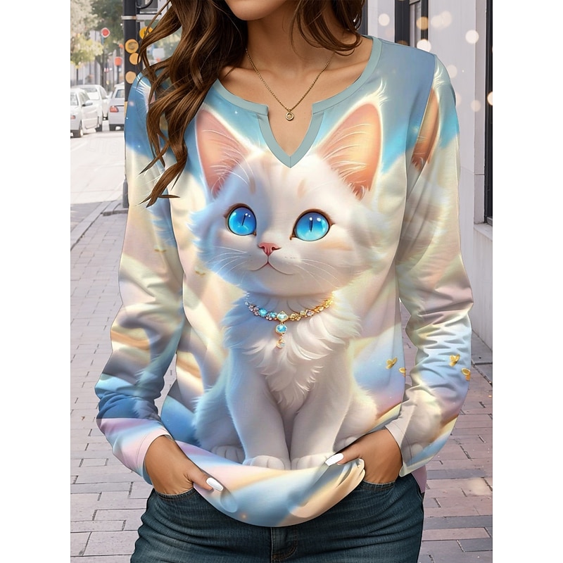 Women's T Shirt Cat Casual Long Sleeve Notched Neck Regular Tops Vacation Daily Print Blue Spring &  Fall