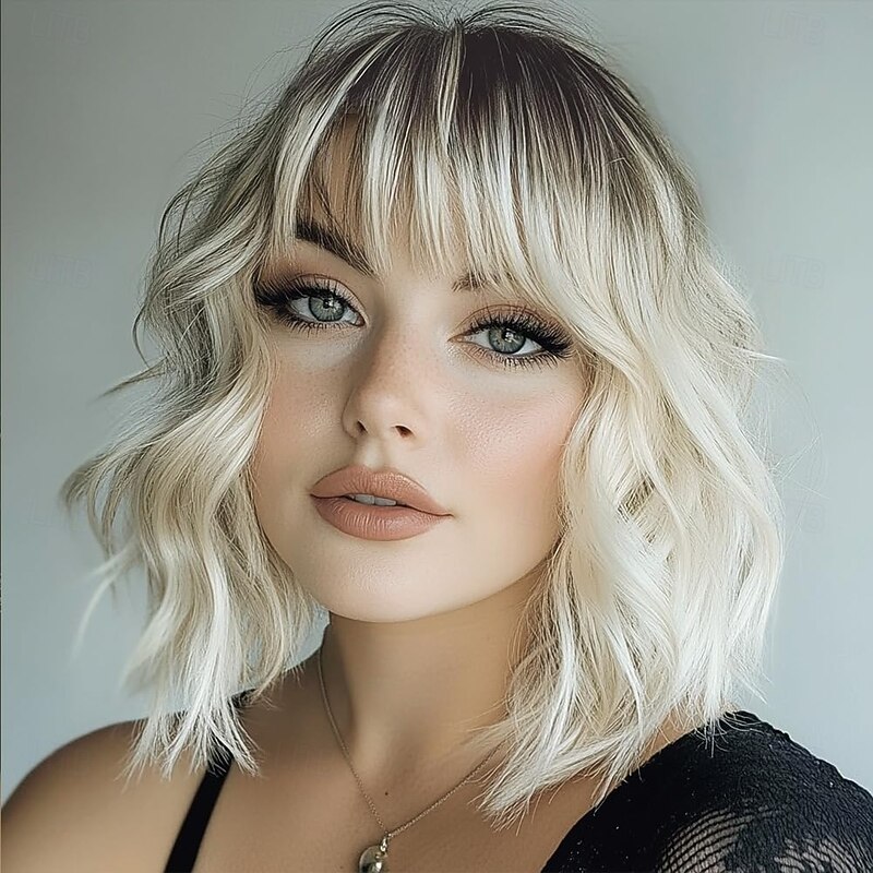 Short Platinum Blonde Wigs for Women Light Platinum Wavy Bob Wig with Bangs Medium Lenth Synthetic Hair Dark Roots Wig for Daily Party