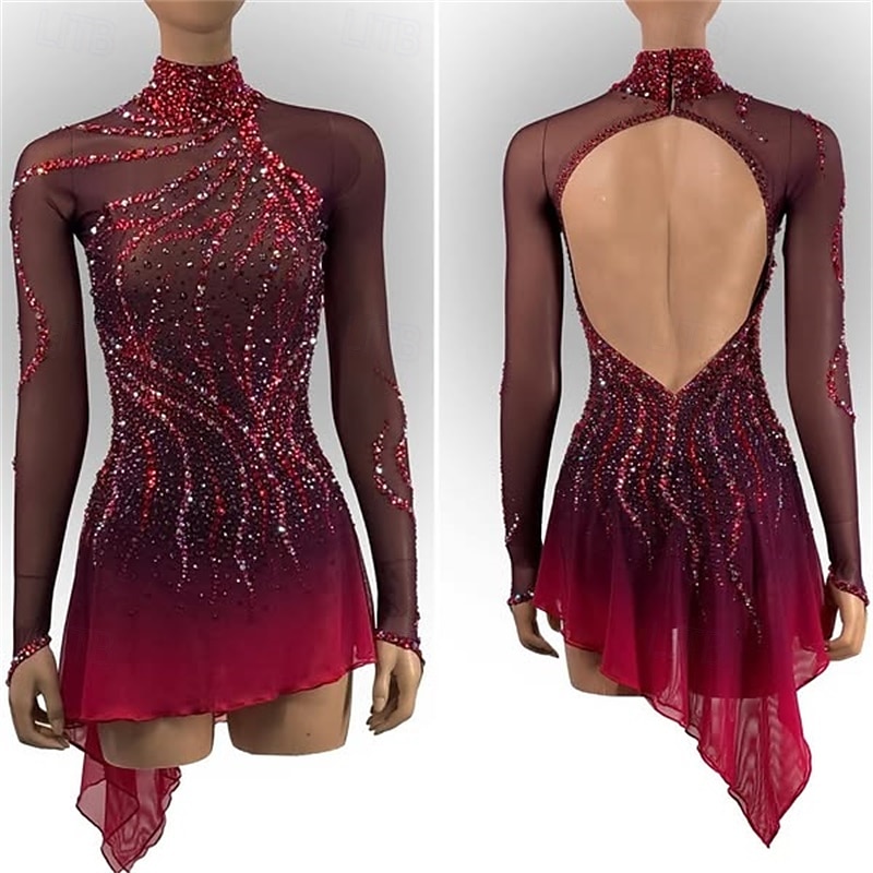 Figure Skating Dress Women's Girls' Ice Skating Dress Black Red Open Back Asymmetric Hem Mesh High Elasticity Training Competition Skating Wear Classic Crystal / Rhinestone Long Sleeve Ice Skating