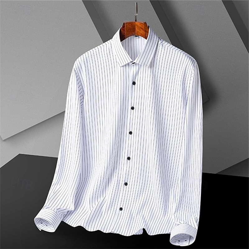 Men's Dress Shirt Striped Shirt Non Iron Shirt Wedding Outdoor Black White Gray Long Sleeve Collar Summer Spring Clothing Apparel4