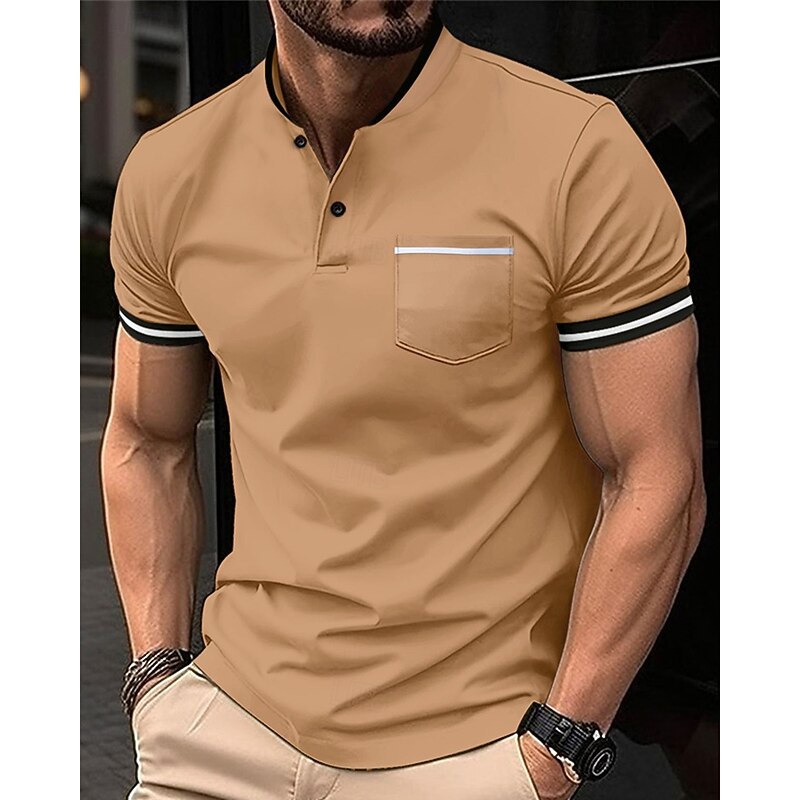 Men's Golf Shirt Golf Polos Shirts Work Casual Stand Collar Short Sleeve Basic Modern Color Block Patchwork Buttons Spring & Summer Regular Fit Wine Black White Sky Blue Khaki Gray Golf Shirt3