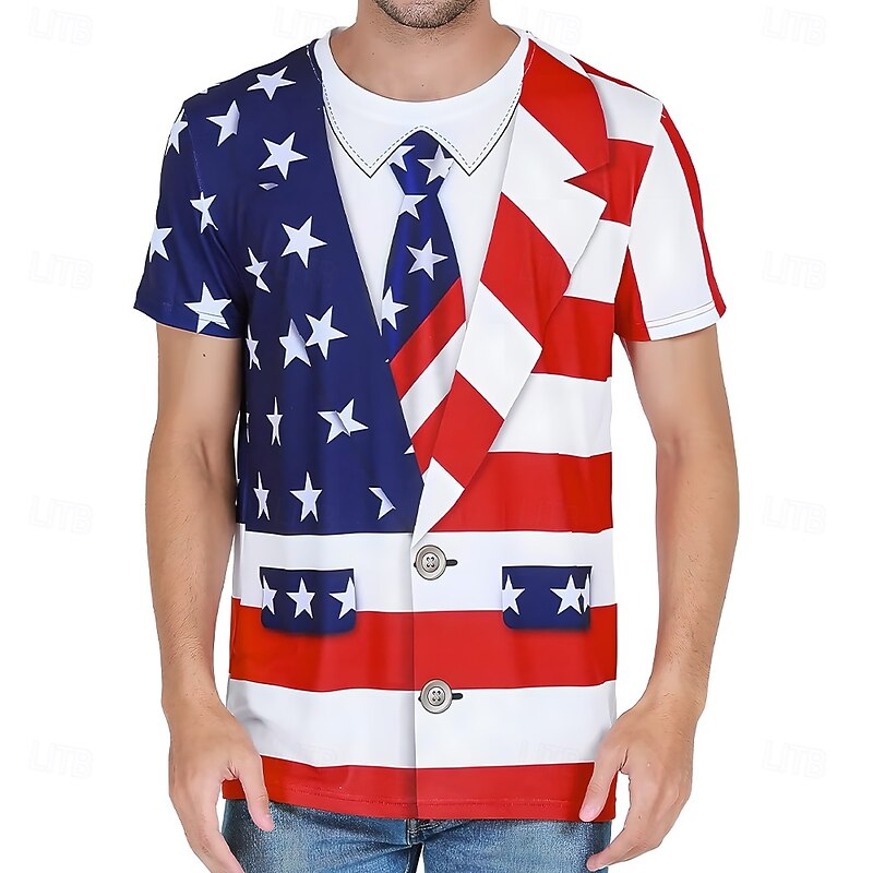 American Independence Day Men's American US Flag Tuxedo T Shirt Short Sleeve T shirt 3D Print Crew Neck Shirt Exaggerated Designer Party Holiday Club Blue Summer Spring Clothing Apparel S M L XL XXL3