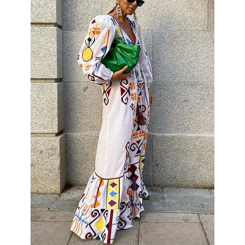 Women's Maxi Dress Casual Dress A Line Dress Boho Dress Vintage Casual Vacation Daily Regular Fit Geometric Long Sleeve V Neck White Spring Fall4
