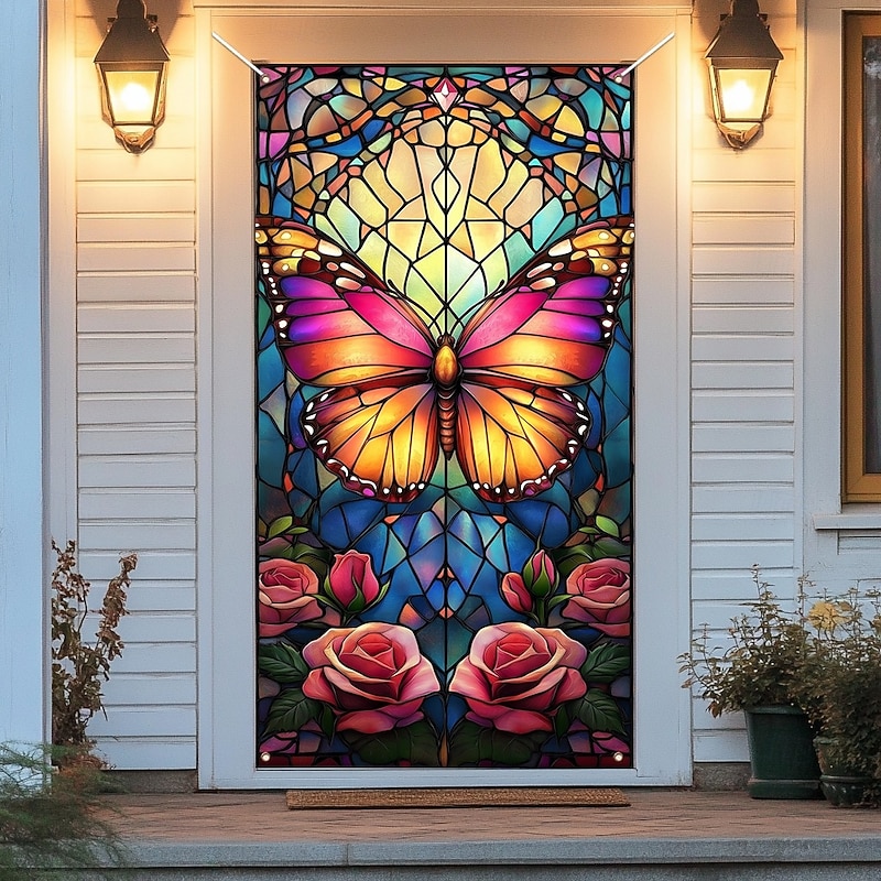 Stained Glass Effect Door Decorations Door Covers Butterfly Door Tapestry Door Curtain Decoration Backdrop Indoor/Outdoor Door Banner for Front Door Farmhouse3