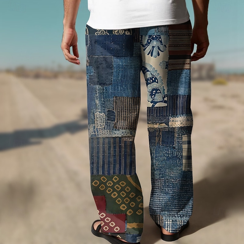 Men's Patchwork Ethnic Pants Trousers Mid Waist Drawstring Elastic Waist Hawaiian Casual Outdoor Vacation Holiday Straight Leg Trousers Summer Spring Fall 3D Print Ocean Blue Blue3