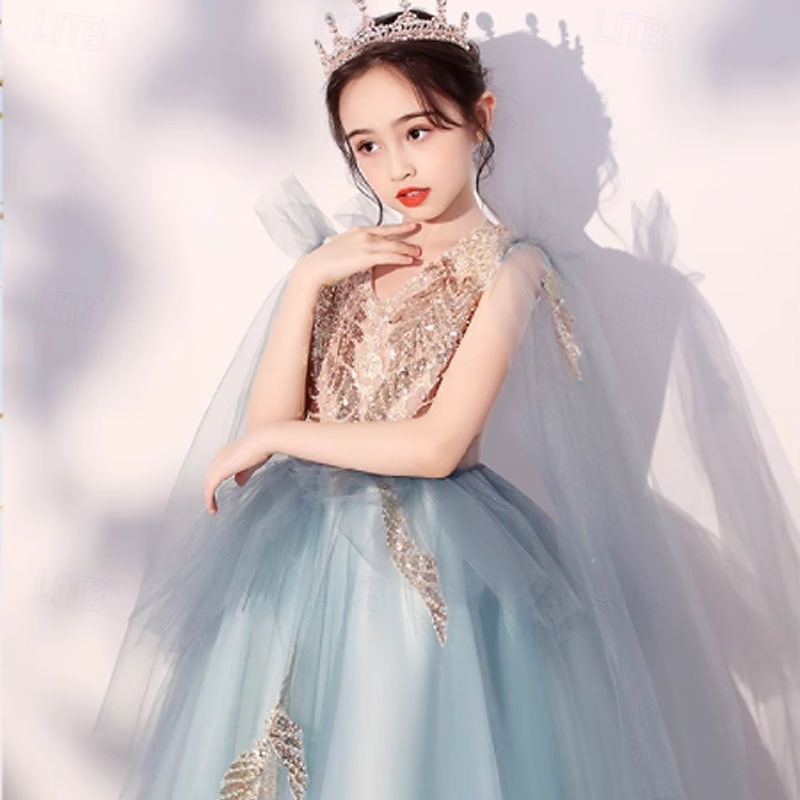 Flower Girl Dress Kid's Girls' Princess Dress Performance Wedding Party Elegant Beautiful Sequins Mesh Solid Color Sleeveless Crew Neck Blue 4 years+4
