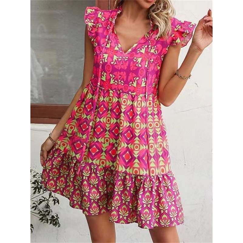 Women's Boho Graphic V Neck Mini Dress Sleeveless Summer Spring2