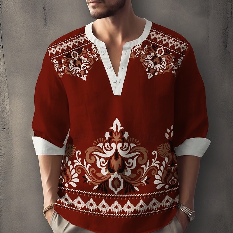 Men's Florals Casual Shirt Button Up Shirt Long Sleeve Fashion Casual Causal Casual Summer Spring V Neck Buttons Red