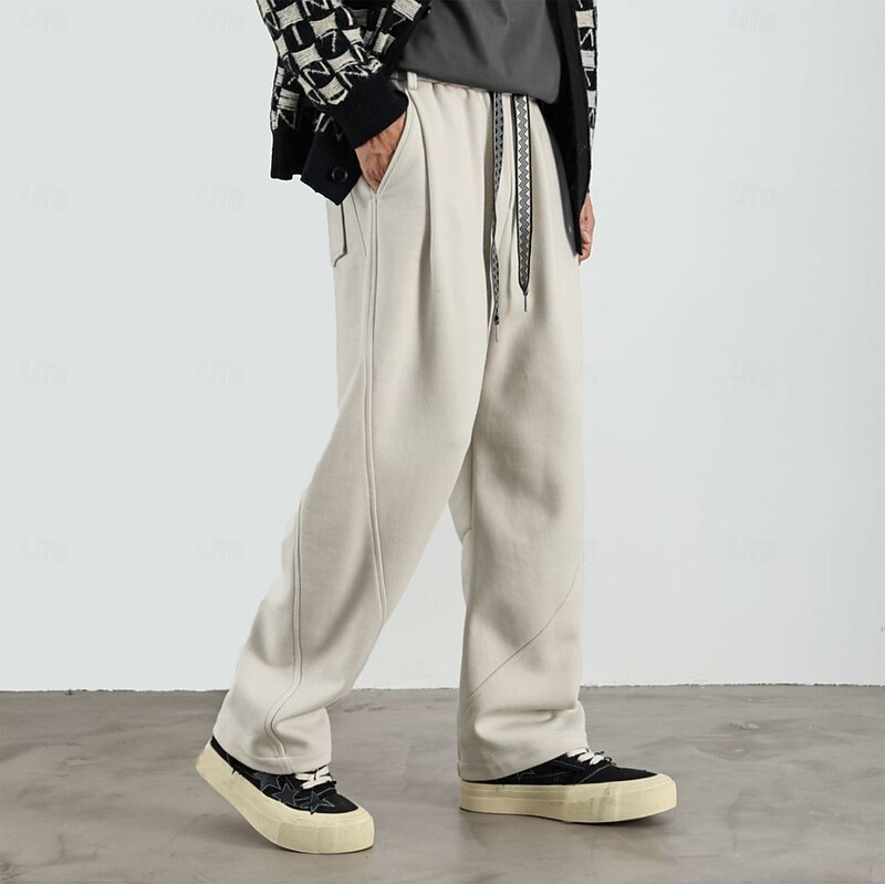 Men's Wide Leg Sweatpants Active Pants Elastic Waist Woven Solid Color Geometric Full Length Outdoor Casual Daily Sports Fashion Navy Blue Beige Micro-elastic3