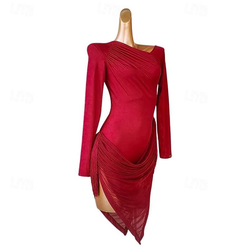 Latin Salsa Dance Dress Tassel Splicing Women's Performance Training Long Sleeve Polyester Mesh2