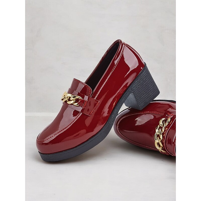 Women's Wine Red Patent Leather Loafers - Chunky Heel with Metal Chain Detail, Elegant Slip-On Shoes for Office or Party Wear2