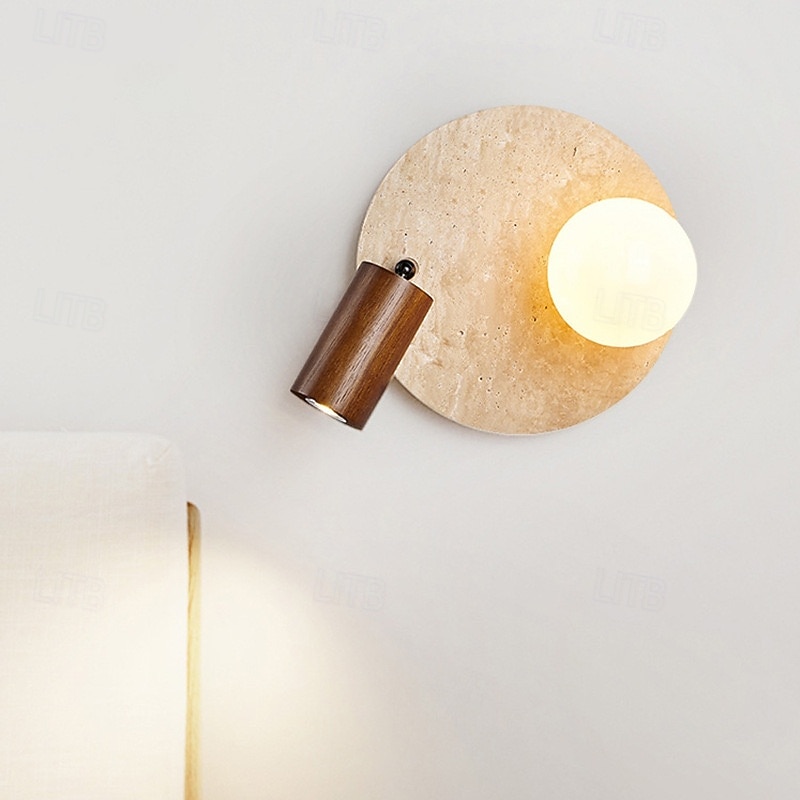 Modern Yellow Travertine Wall Sconce Rotatable Wood Wall Lamp with Milk White Glass Shade Wabi Sabi Round Indoor Wall Sconces Adjustable Bedside Reading Light for Bedroom 110-240V 10W