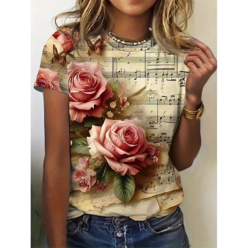 Women's T Shirt Floral Casual Short Sleeve Round Neck Regular Tops Daily Print Yellow Purple Summer - Main Image