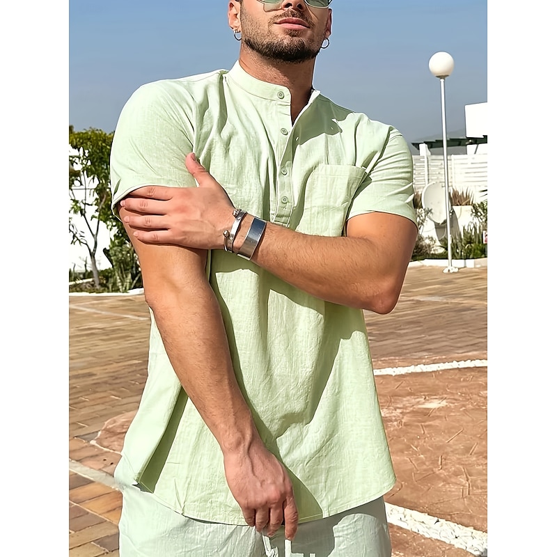 Men's Shirt Band Collar Shirt Summer Shirt Beach Shirt Solid Color Street Daily Green Short Sleeve Band Collar Spring & Summer Clothing Apparel2