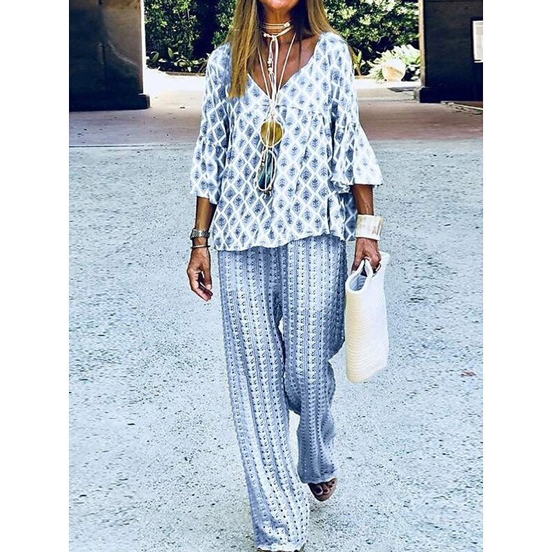 Women's Vacation Fashion T Shirt Trousers Long Sleeve Crew Neck Graphic Patchwork Outdoor Yellow Blue Purple Spring &  Fall Regular Fit2