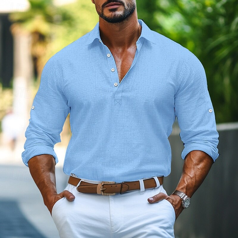 Men's Shirt Linen Shirt Summer Shirt Plain Casual Daily Black White Blue Green Long Sleeve Collar Spring & Summer Clothing Apparel3