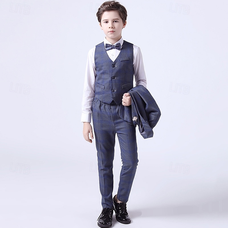 4 Pieces Ring Bearer Suit Boys Kids Suit Formal Suit Blazer & Vest & Pants & Tie Formal Set Formal Party Fashion Cool Plaid Pocket Blue Cotton3