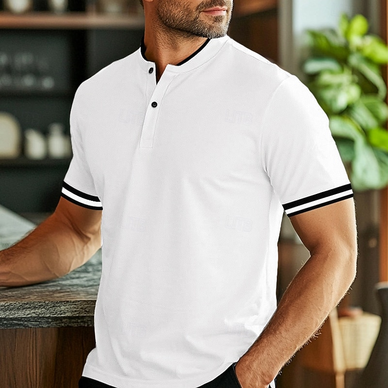 Men's Polo Shirts Collarless Golf Shirts Casual Stand Collar Short Sleeve Basic Comfortable Plain Buttons Summer Spring Regular Fit Black White Red Polo Shirts2