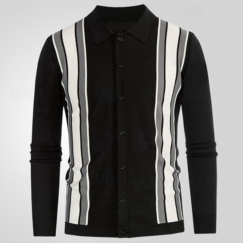 Men's Button Up Polos Golf Shirt Casual Sports Lapel Long Sleeve Fashion Basic Color Block Stripes Patchwork Buttons Spring Fall Black Apricot Button Up Polos2