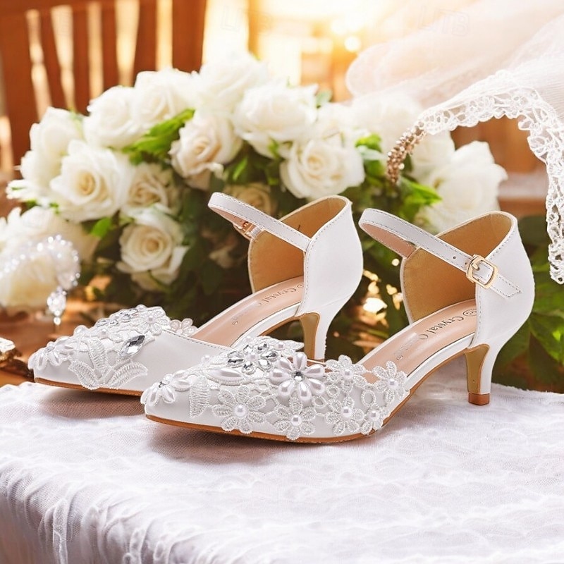 Women's White Lace Floral Embroidered Kitten Heel Shoes with Ankle Strap – Elegant Bridal Wedding Shoes
