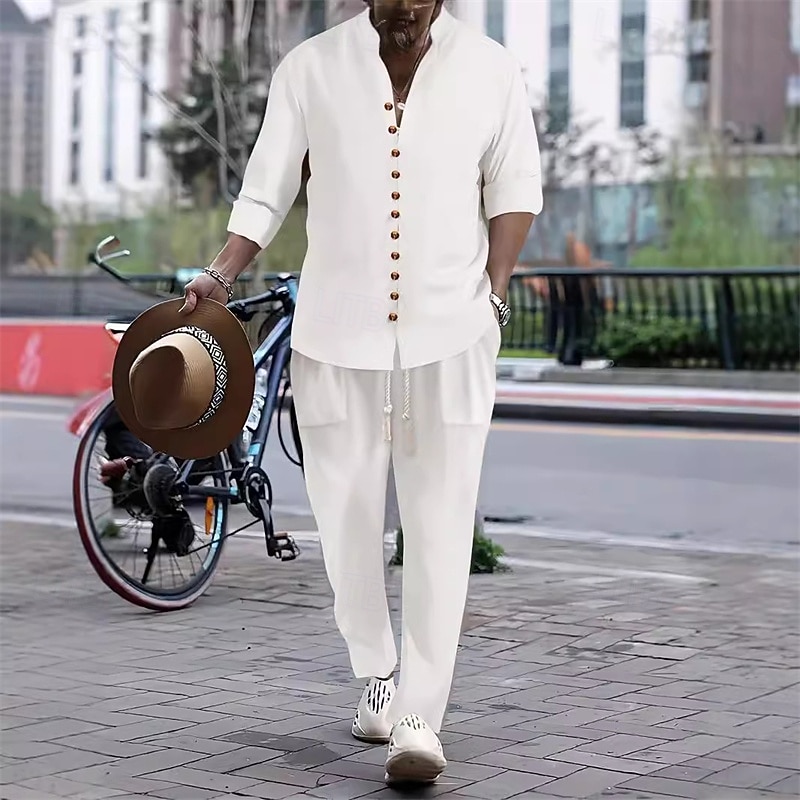 Men's 2 Piece Shirt Set Matching Sets Casual Shirt Button Up Shirt White Pink khaki Gray Long Sleeve Plain Band Collar Vacation Street Clothing Apparel Fashion Casual4