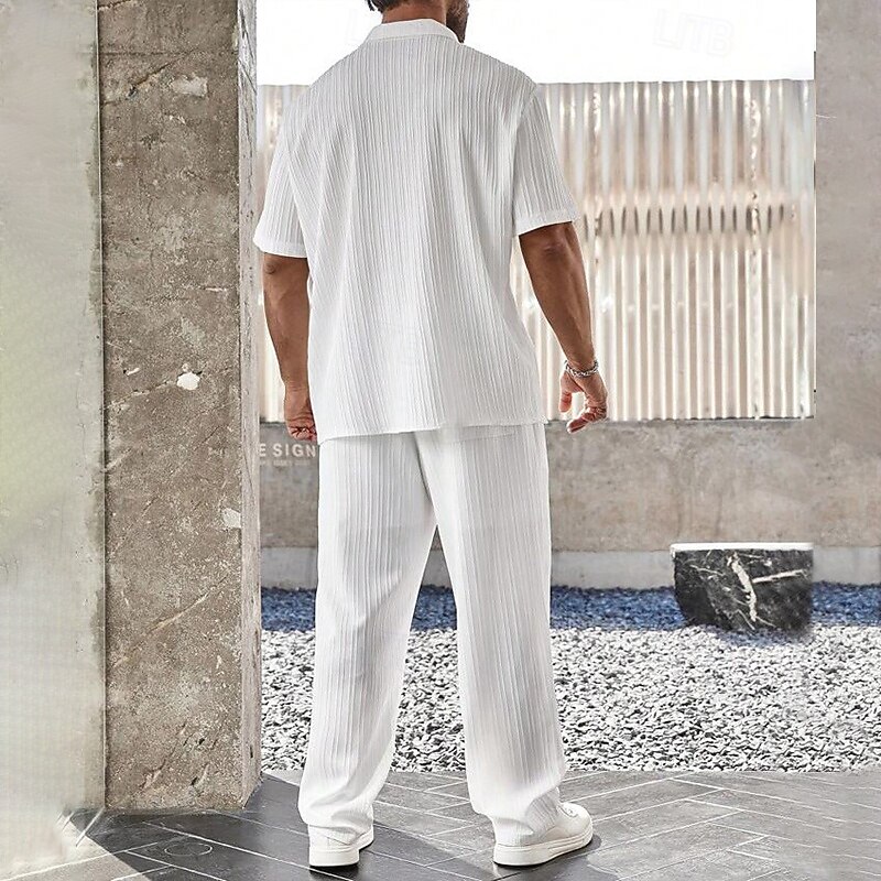 Men's 2 Piece Shirt Set Matching Sets Casual Shirt Button Up Shirt Black White Brown khaki Short Sleeve Plain Camp Collar Vacation Daily Clothing Apparel Fashion Casual3