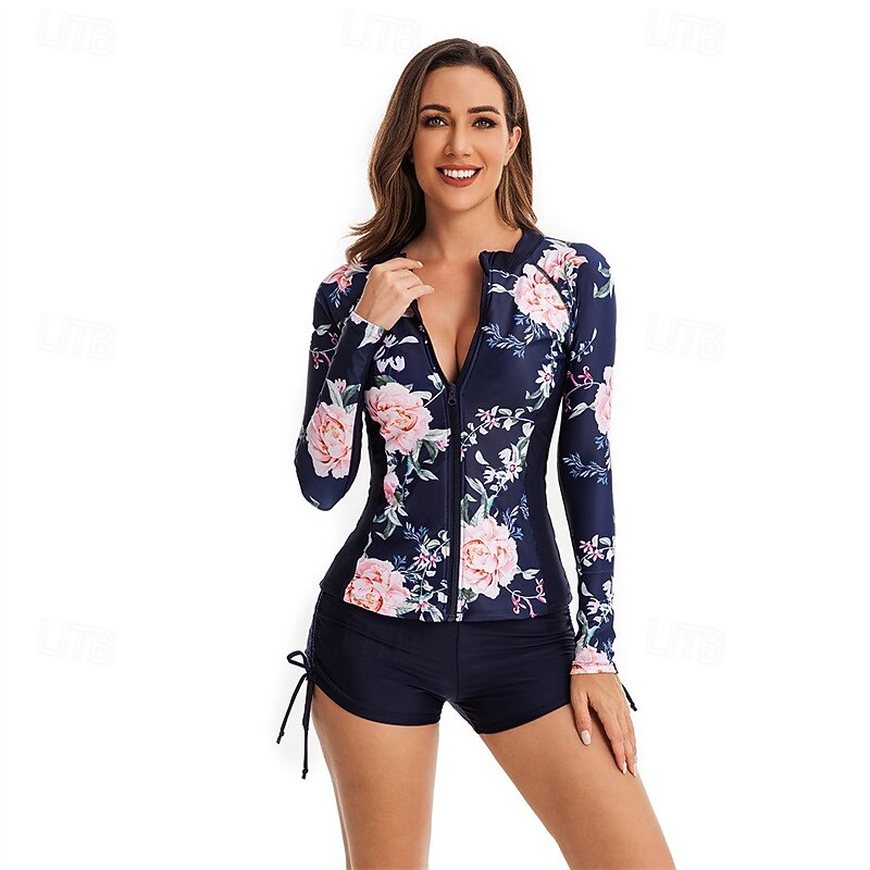 Women's Rash guard Swimsuit UV Sun Protection UPF50+ Lightweight Long Sleeve Spandex Swimwear Swimsuit 2 Piece Front Zip Swimming Surfing Beach Water Sports Floral Summer Spring Autumn2