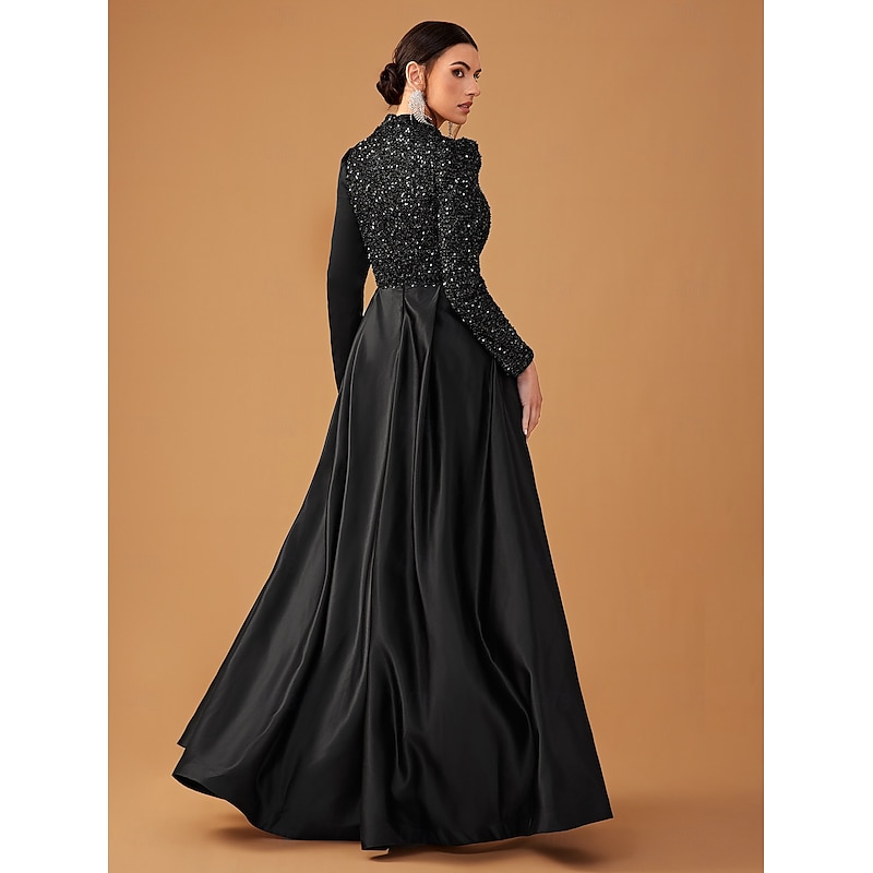 Black Dress Evening Gown Dress Formal Wedding Guest Sweep / Brush Train Long Sleeve Mock Neck Lace with Pleats Shawl2