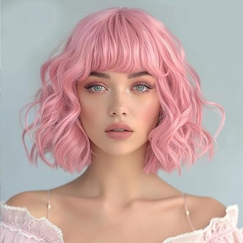 Short Wigs for Women Wavy Wig with Bangs Bob Wig Synthetic Hair Water Wave Medium Length Colorful Wigs for Daily Party2