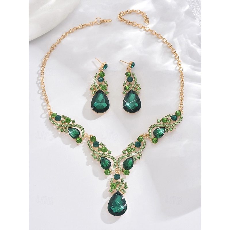 Women's Green Crystal Jewelry Set with Teardrop Necklace and Matching Earrings, Elegant Style for Weddings and Formal Events3