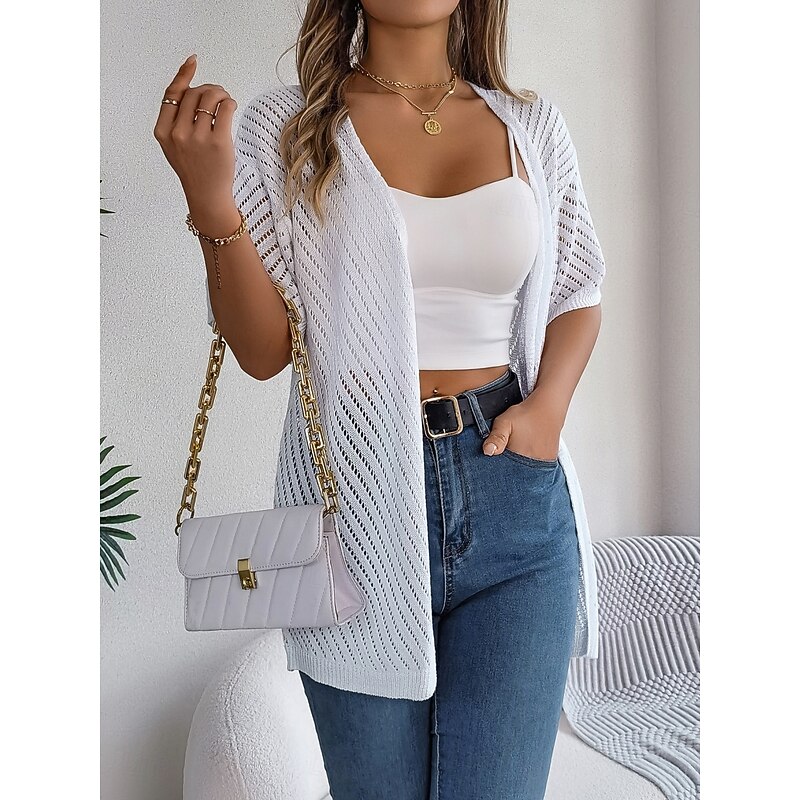 Women's Sweater Cardigan Casual Soft Pure Color Ribbed Open Front Knitted Short Sleeves Regular Tops Knit Outdoor Daily Weekend White Khaki Summer3