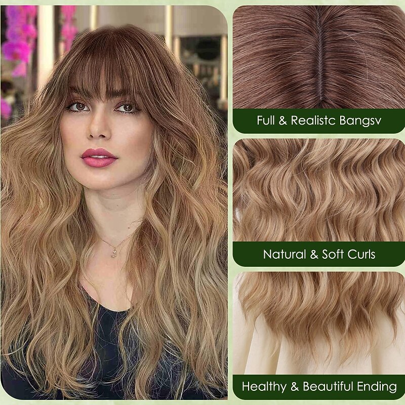 Wig with Bangs Long Wavy Wigs with Dark Root Natural Looking Synthetic Heat Resistant Hair Wigs for Women Daily Party Holiday Use3