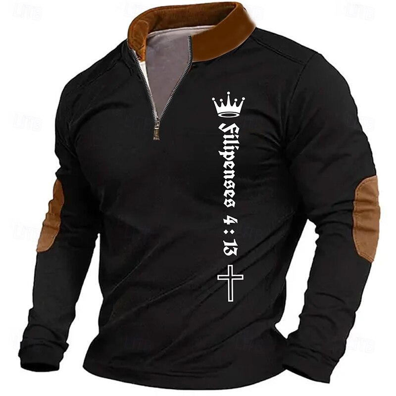 Men's Word / Phrase Tiaras & Crowns Cross Sweatshirt Zip Sweatshirt Long Sleeve Sweatshirt Quarter Zip Daily Basic Print Sports Outdoor Travel Zip Up Spring &  Fall