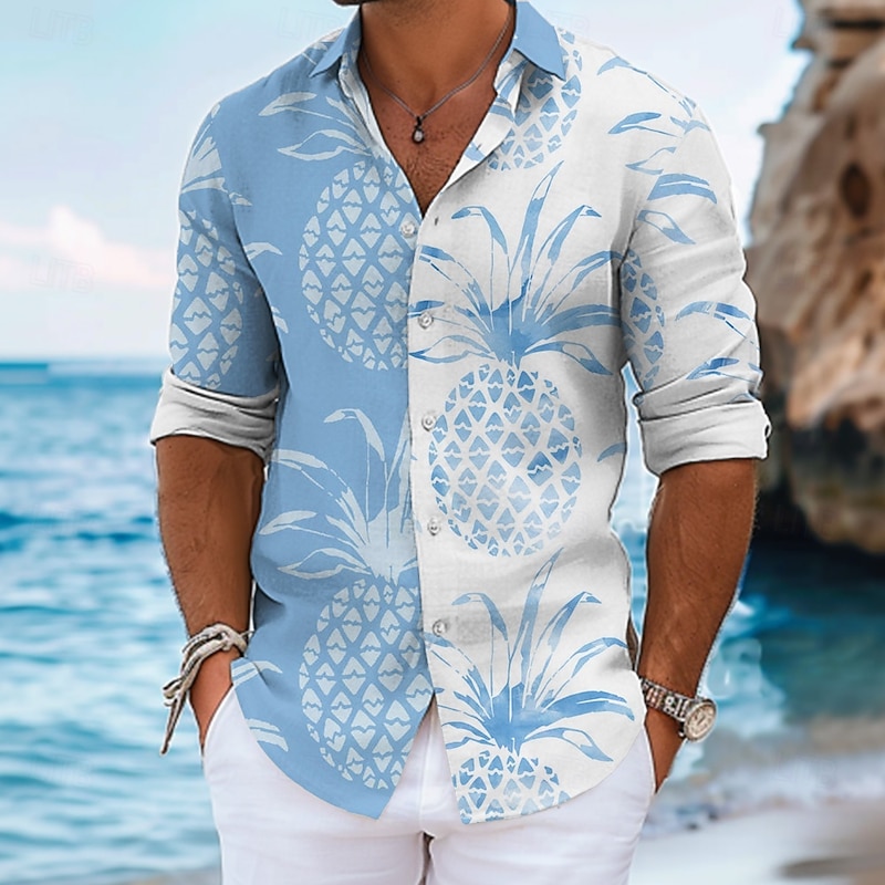 Men's Fruit Summer Hawaiian Shirt Aloha Shirt Long Sleeve Hawaiian Beach Vacation Summer Spring Turndown Button Up Black Yellow Pink Blue Gray