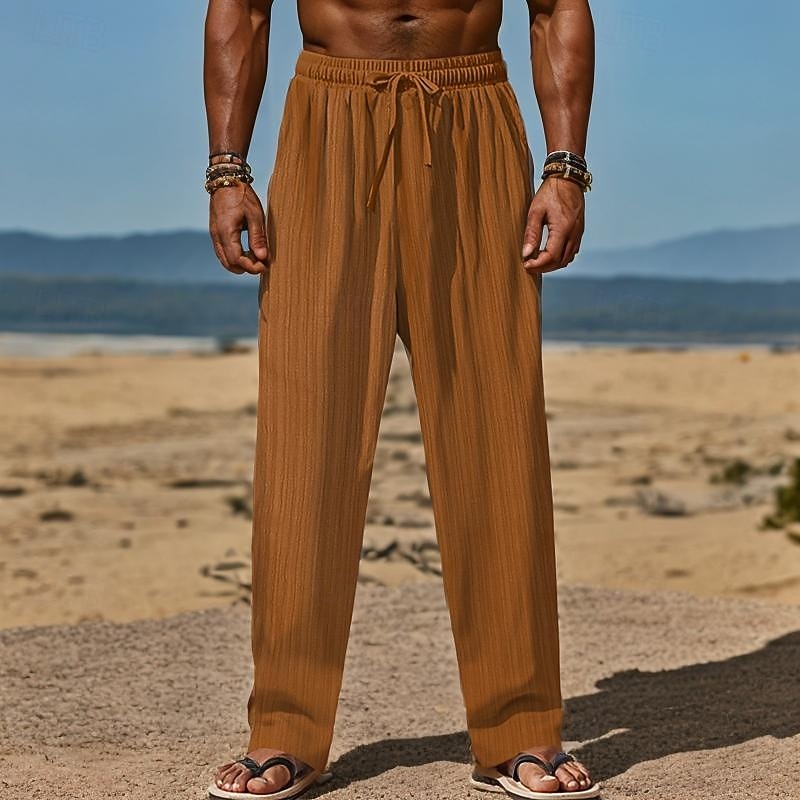 Men's Linen Pants Trousers Summer Pants Beach Pants Drawstring Elastic Waist Straight Leg Plain Comfort Breathable Full Length Daily Holiday Beach Vacation Fashion Black White3