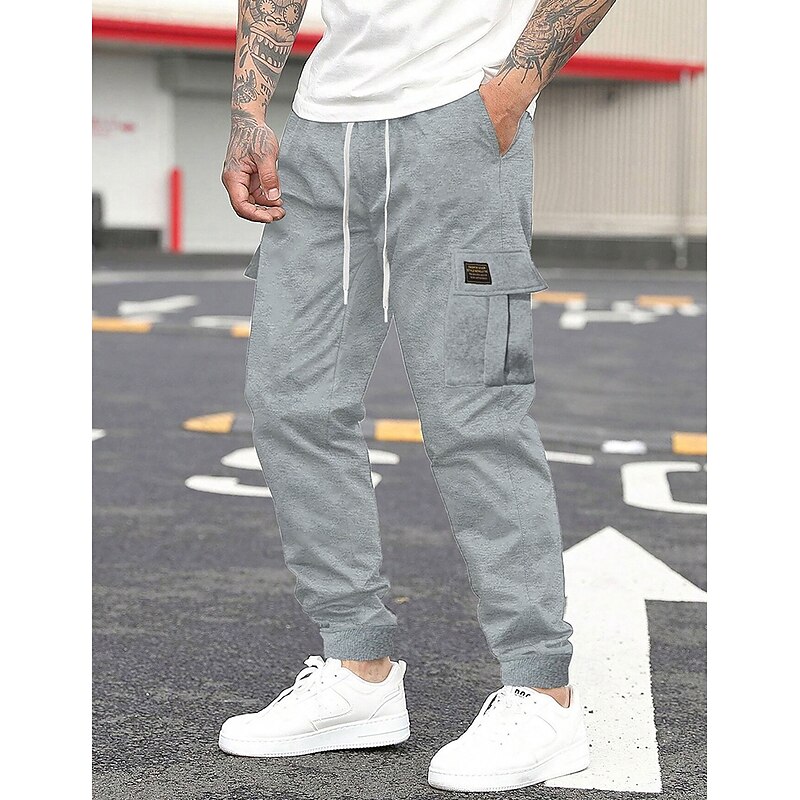 Men's Sweatpants Joggers Trousers Cargo Sweatpants Drawstring Elastic Waist Multi Pocket Plain Comfort Warm Full Length Outdoor Casual Daily Sports Fashion Black Grey2