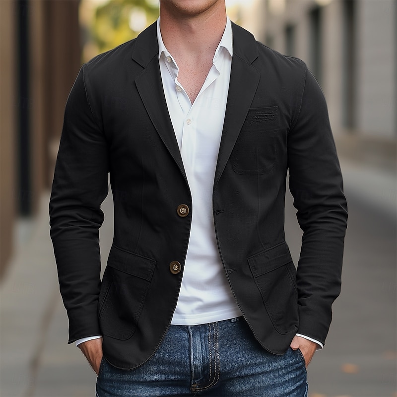 Men's Blazer Outdoor Casual Pocket Fashion Casual Spring &  Fall Cotton Polyester Plain Pocket Casual / Daily Single Breasted Blazer Black khaki Army Green3