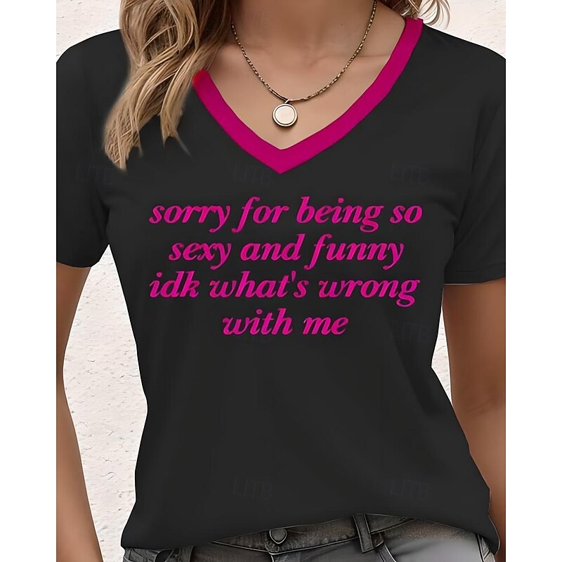 Women's T Shirt Letter Stylish Casual Short Sleeve V Neck Regular Tops Daily Print Black Summer2