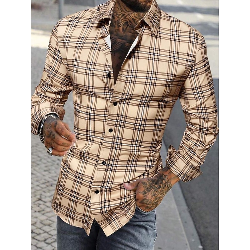 Men's Summer Shirt Casual Shirt Beach Shirt Button Up Shirt Checked Shirts Yellow Red Blue Green Gray Long Sleeve Plaid / Striped / Chevron / Round Lapel Vacation Hawaiian Button-Down Clothing Apparel2