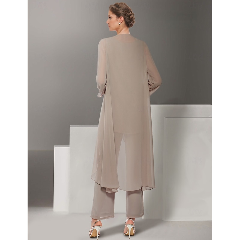 Pantsuit 3 Piece Mother of the Bride Dress Beach Wedding Elegant Jewel Neck Floor Length Chiffon Long Sleeve Wrap Included with Lace Solid Color2