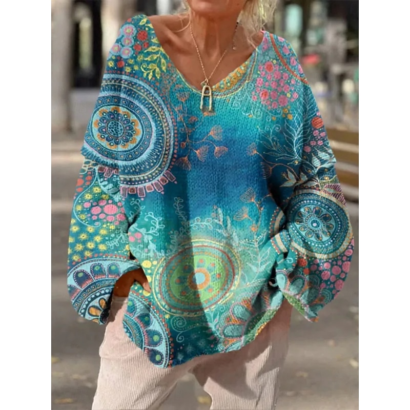 Women's Sweater Casual Soft Floral Graphic Ribbed V Neck Knitted Print Long Sleeve Regular Tops Knit Outdoor Daily Weekend Pink Blue Fall Winter3
