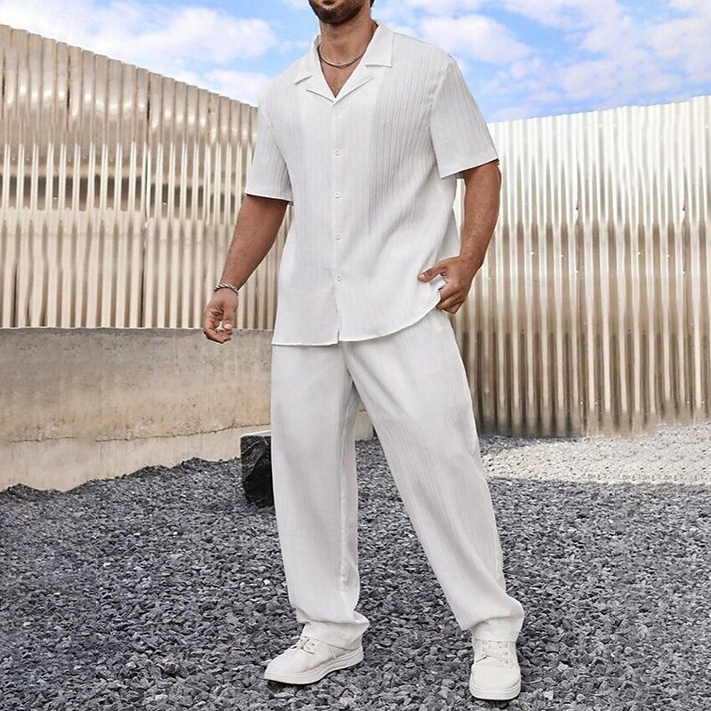 Men's 2 Piece Shirt Set Matching Sets Casual Shirt Button Up Shirt Black White Brown khaki Short Sleeve Plain Camp Collar Vacation Daily Clothing Apparel Fashion Casual2