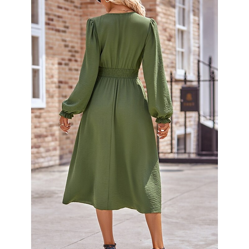 Women's Midi Dress Casual Dress A Line Dress Stylish Basic Casual Vacation Daily Regular Fit Plain Long Sleeve V Neck Black Army Green Summer Spring2