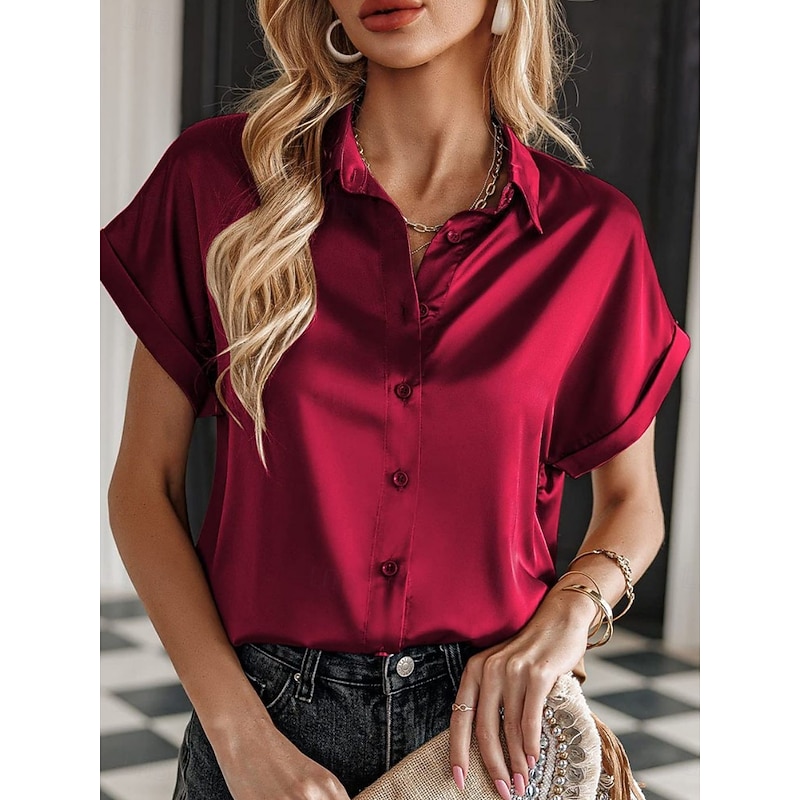 Women's Valentine Shirt Blouse Business Solid Color Regular Tops Short Sleeve Shirt Collar Buttons Regular Fit Work Formal Modern Casual Wear Red Green Gray Summer